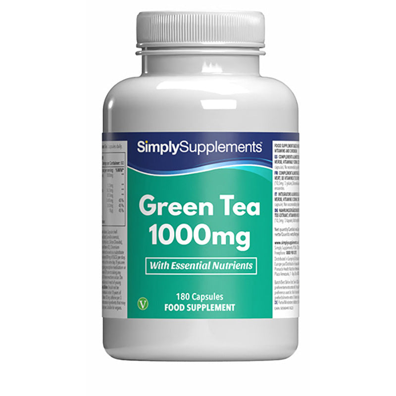 Flacon de compléments alimentaires portant l'étiquette «Thé Vert 1000mg Simply Supplements », de couleur vert sur fond blanc.
