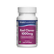 Flacon de compléments alimentaires portant l'étiquette « Trèfle Rouge 1000mg Simply Supplements », de couleur violette sur fond blanc.
