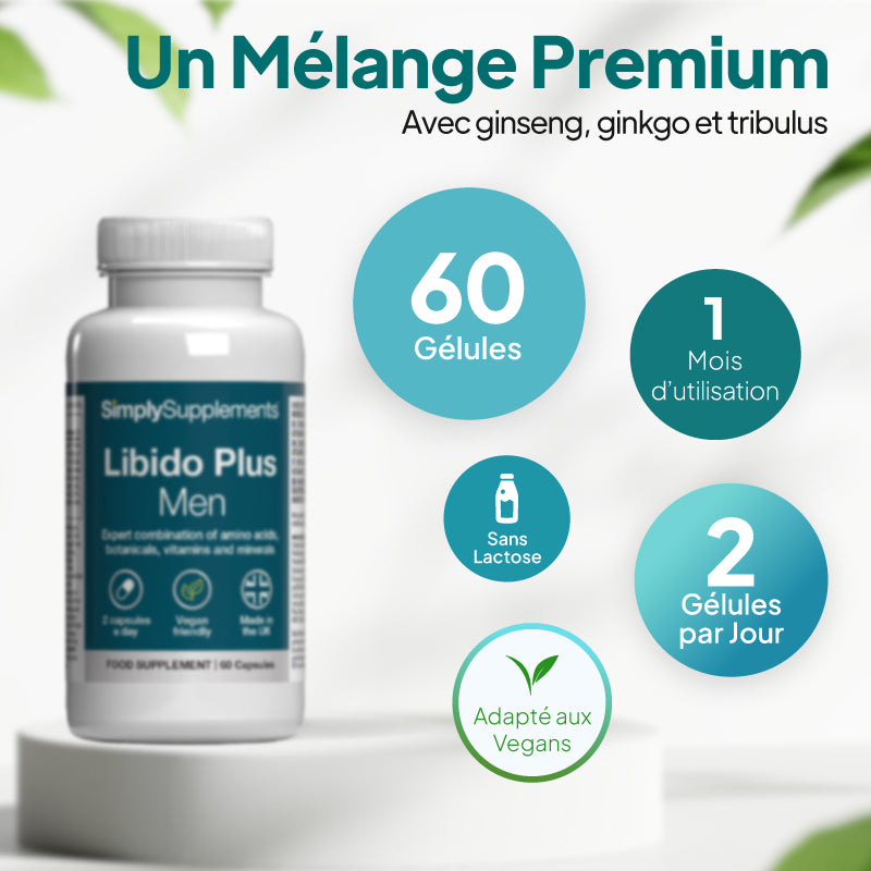 Un flacon blanc du complément alimentaire « SimplySupplements Libido Plus Men » présenté sur un socle, accompagné d'un texte promotionnel en français et de mentions circulaires indiquant « 60 gélules », « cure d'un mois », « sans lactose » et « adapté aux végétaliens ».