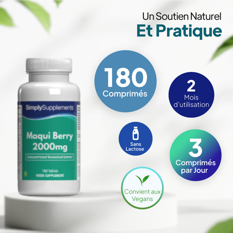 Le flacon de comprimés de baies de maqui « Simply Supplements » à 2 000 mg contient 180 comprimés