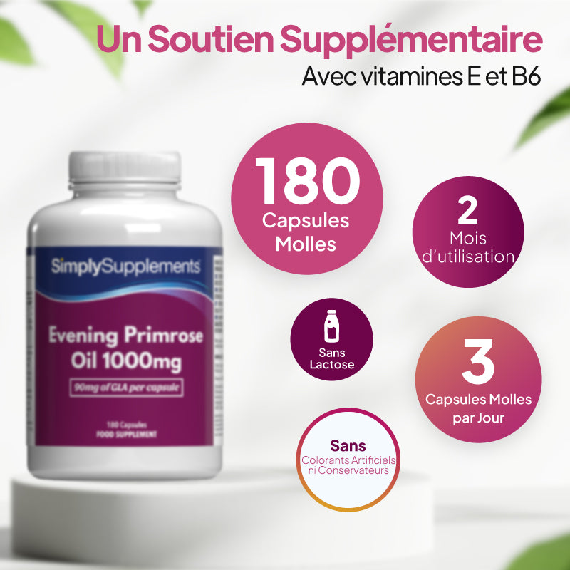 Un flacon de gélules d'huile d'onagre SimplySupplements de 1 000 mg, présenté sur un socle blanc, avec un texte promotionnel en français et des encadrés circulaires indiquant le nombre de gélules, la durée du traitement, la mention « sans lactose » et la dose journalière recommandée.