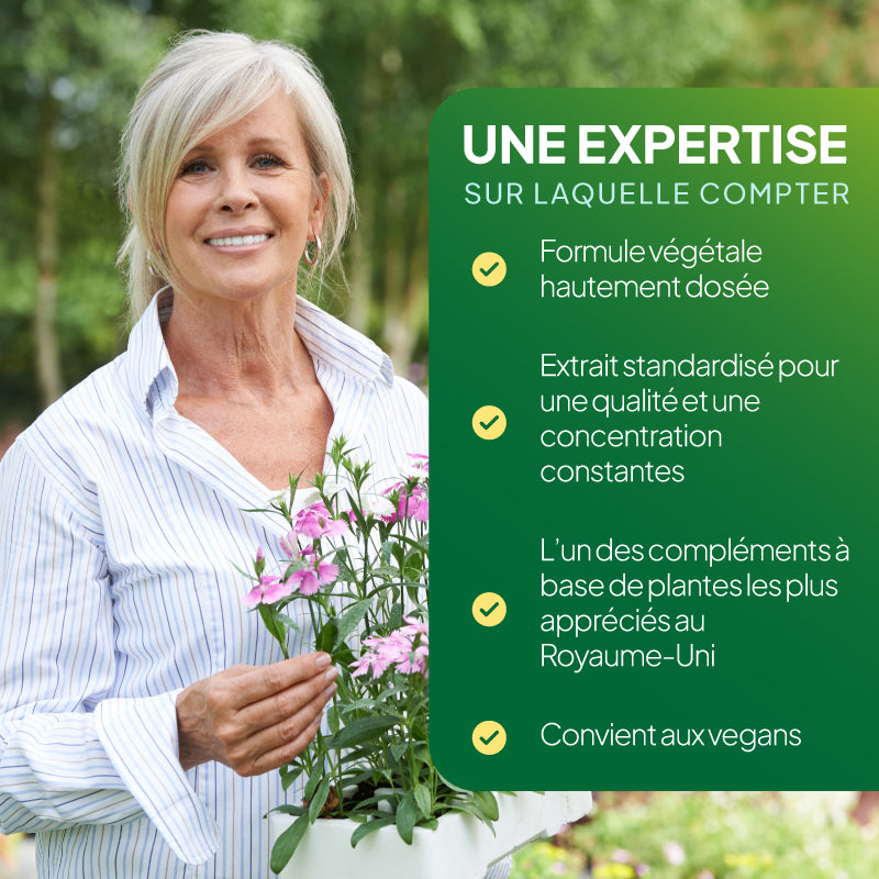 Illustration promotionnelle « Simply Supplements Ginkgo Biloba » mettant en avant un complément à base de plantes ultra-puissant, un extrait standardisé garantissant une puissance et une pureté constantes, l'un des compléments à base de plantes les plus populaires au Royaume-Uni, et sa compatibilité avec un régime végétalien.