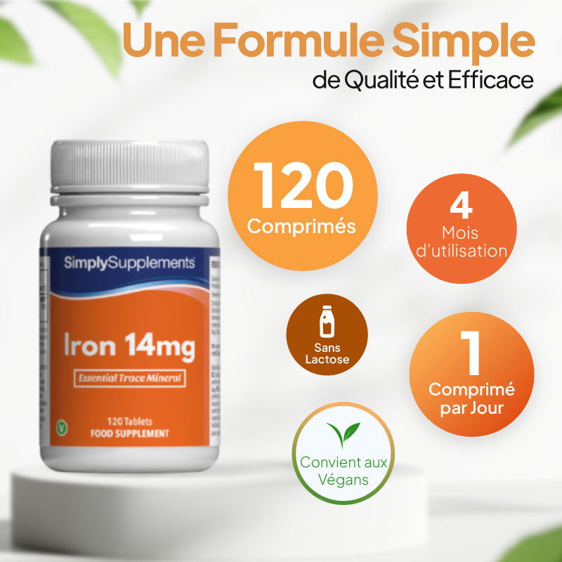 Un flacon du complément alimentaire « SimplySupplements Iron 14 mg » présenté sur un socle blanc, accompagné d'un texte promotionnel en espagnol et d'encadrés circulaires indiquant « 120 comprimés », « 4 mois d'approvisionnement », « un comprimé par jour » et « convient aux végétaliens ».