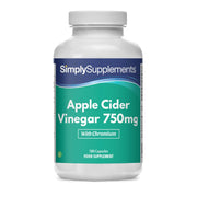 Flacon de compléments alimentaires portant l'étiquette «Vinaigre de Cidre 750mg Simply Supplements », de couleur vert sur fond blanc.
