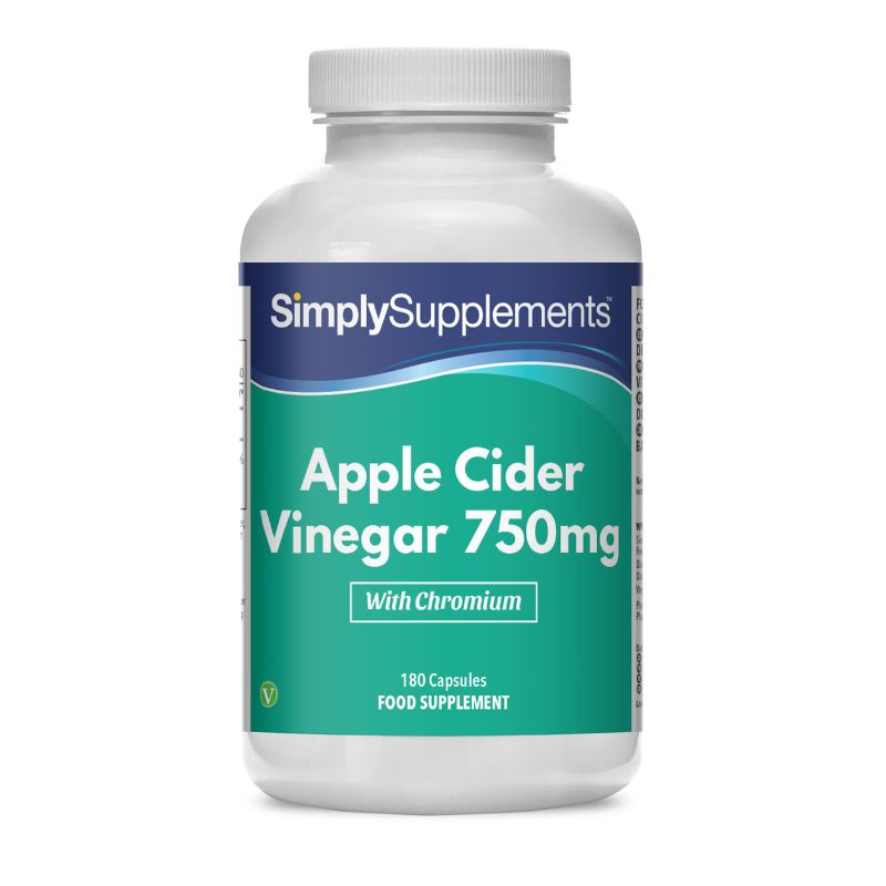 Flacon de compléments alimentaires portant l'étiquette «Vinaigre de Cidre 750mg Simply Supplements », de couleur vert sur fond blanc.
