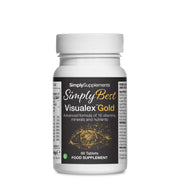 Flacon de compléments alimentaires portant l'étiquette «Visualex Gold Simply Supplements », de couleur noir sur fond blanc.
