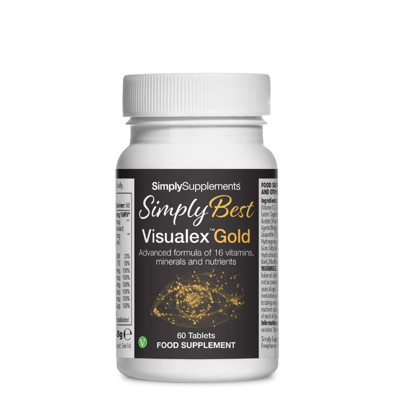 Flacon de compléments alimentaires portant l'étiquette «Visualex Gold Simply Supplements », de couleur noir sur fond blanc.

