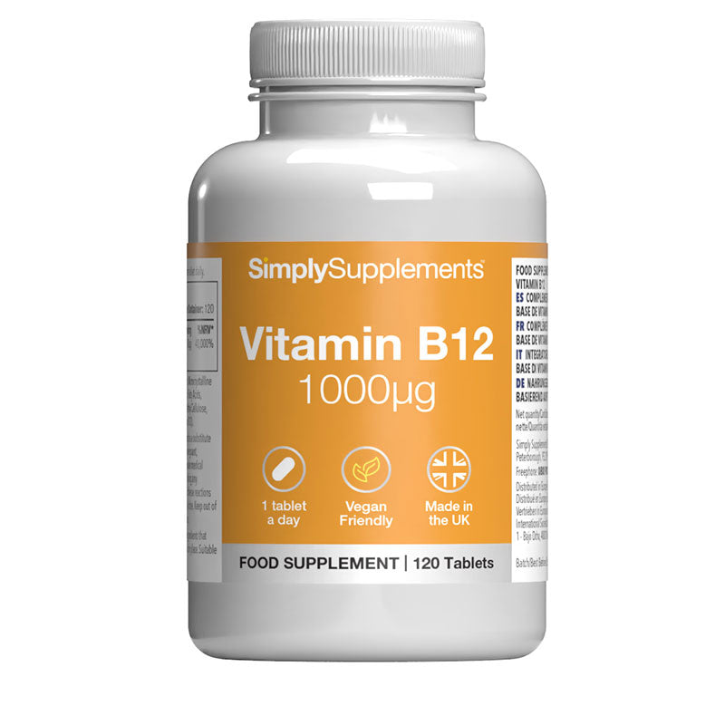 Flacon de compléments alimentaires portant l'étiquette «Vitamine B12 1000µg Simply Supplements », de couleur jaune sur fond blanc.
