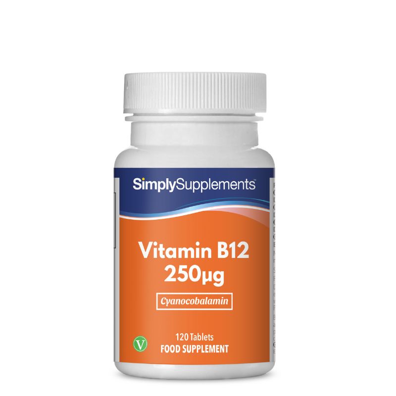 Flacon de compléments alimentaires portant l'étiquette « Vitamine B12 250mcg Simply Supplements », de couleur orange sur fond blanc.
