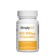 Flacon de compléments alimentaires portant l'étiquette « Vitamine B12 à Croquer 500µg Simply Supplements », de couleur blanc et jaune sur fond blanc.

