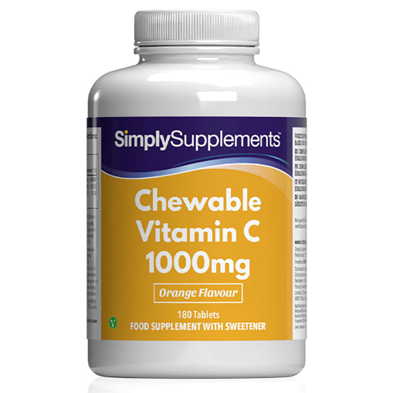 Flacon de compléments alimentaires portant l'étiquette « Vitamine C à croquer 1000mg - Goût Orange Simply Supplements », de couleur jaune sur fond blanc.
