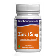 Flacon de compléments alimentaires portant l'étiquette « Zinc 15mg Simply Supplements », de couleur orange sur fond blanc.
