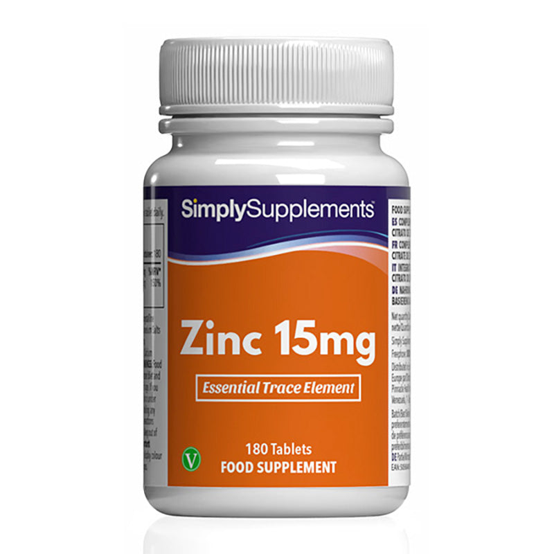 Flacon de compléments alimentaires portant l'étiquette « Zinc 15mg Simply Supplements », de couleur orange sur fond blanc.
